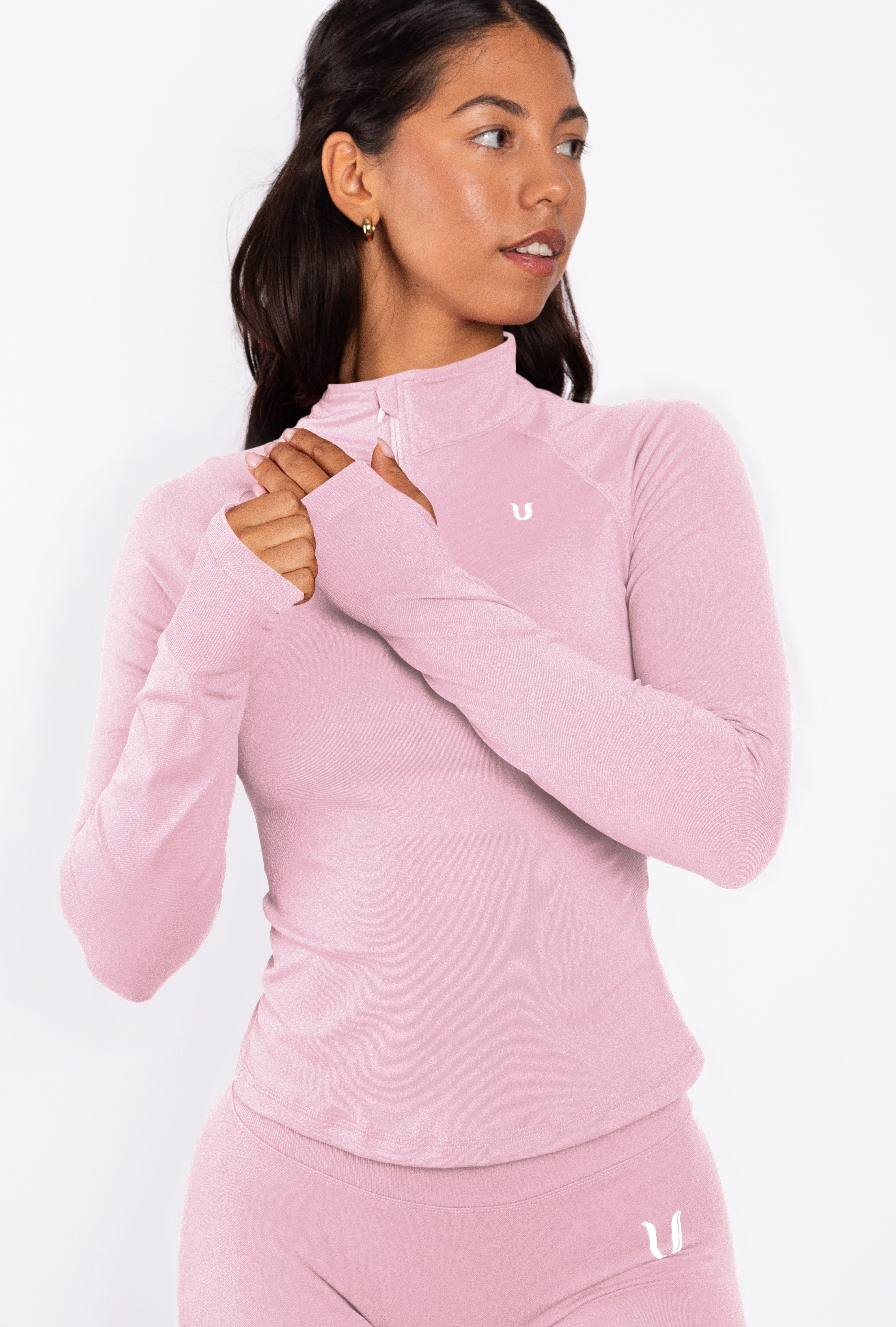 Beau Half Zip Haut Manches Longues Rose